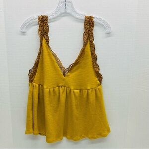 Ribbed V Neck Tank Crochet Straps Details Size S Mustard & Brown Umgee Romantic